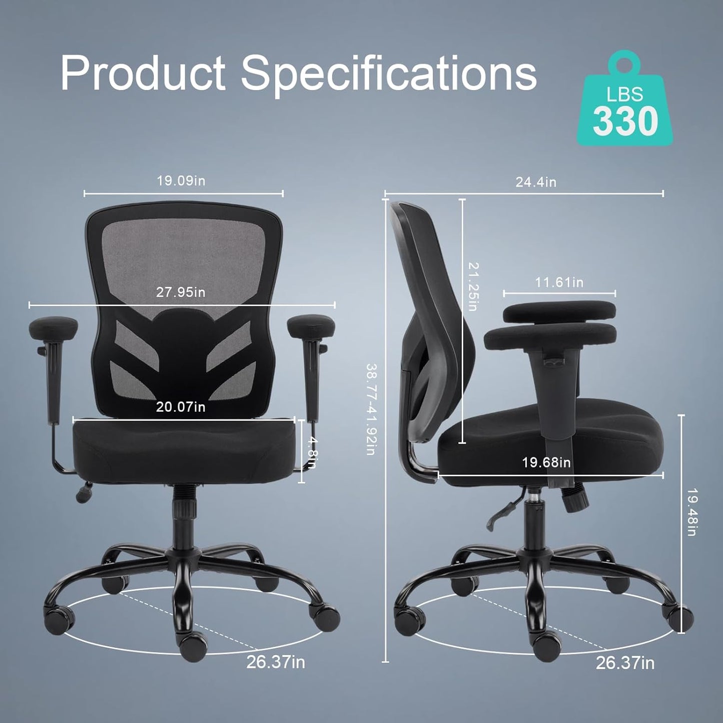 Ergonomic Office Chair with Adjustable Back Lumbar Support and Armrests