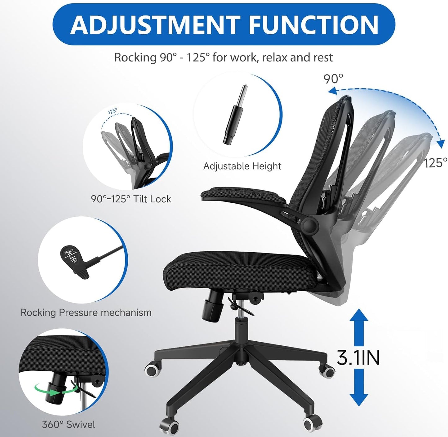 Ergonomic Mesh Office Chair with Wheels, Lumbar Support and Adjustable Headrest